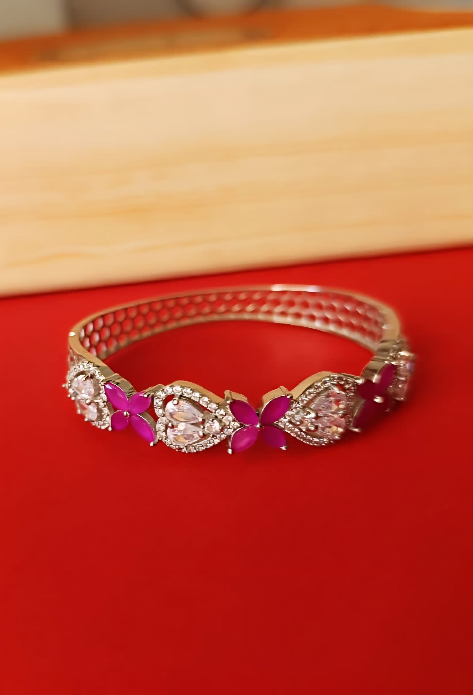 Premium cz stones with silver polish and pink stones with bangle model bracelet