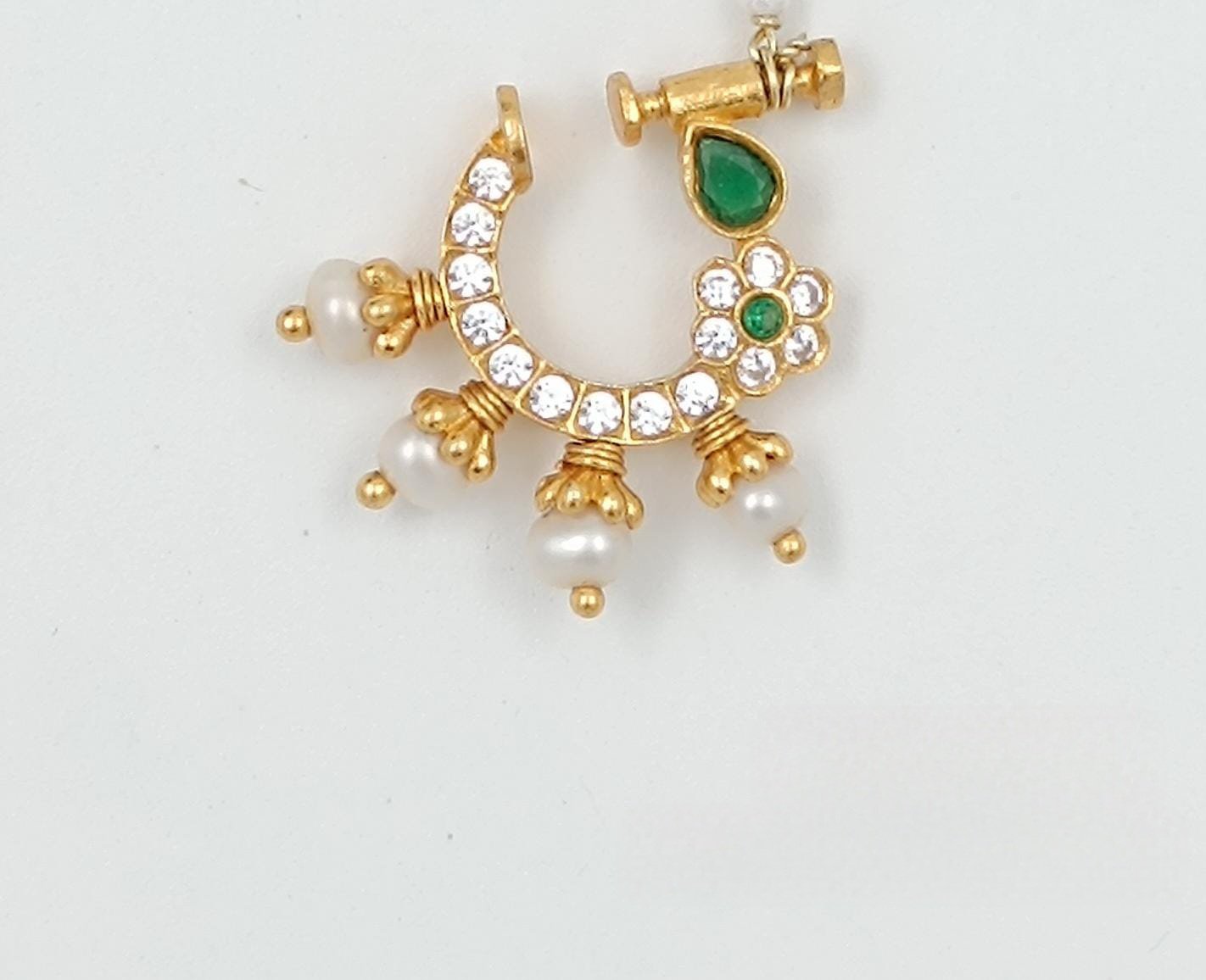 White & Green Stone Nose Pin