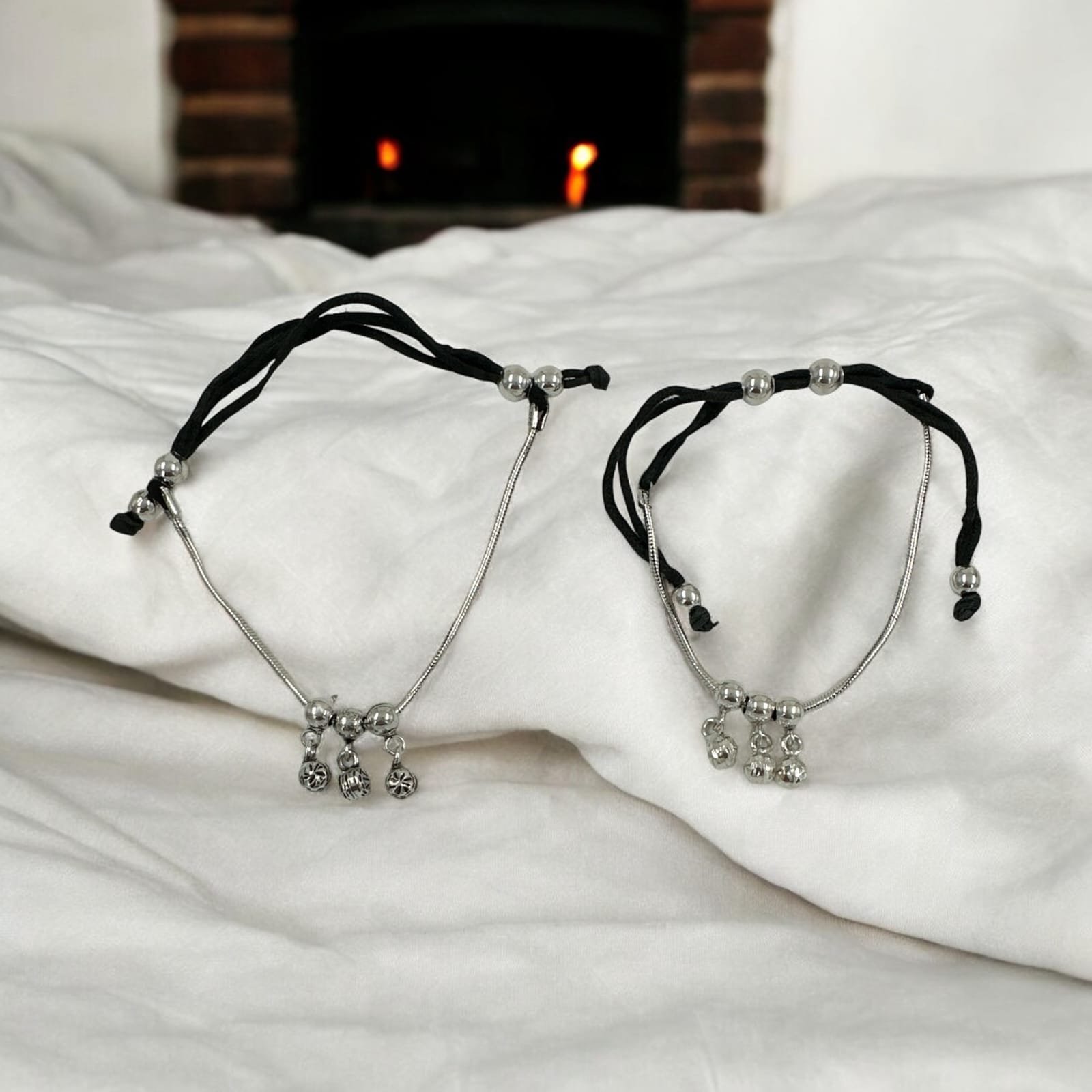 Anklet – Black Thread with Silver Balls Hangings