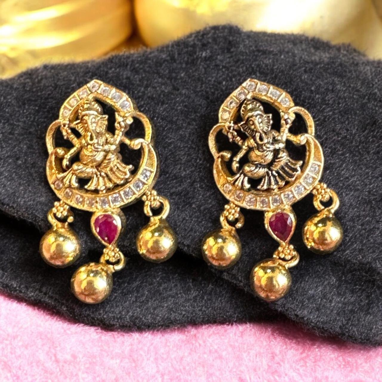 Antique CZ & Red Stone Gold Ball Hanging Studs