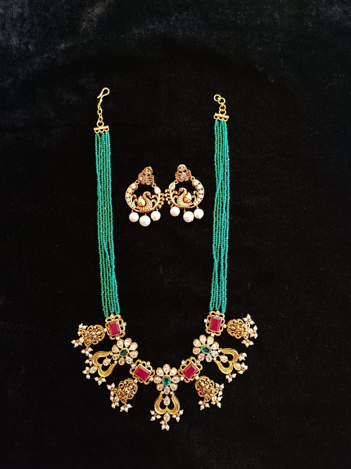 Antique Laxmi Devi Peacock Mozanite Necklace Set