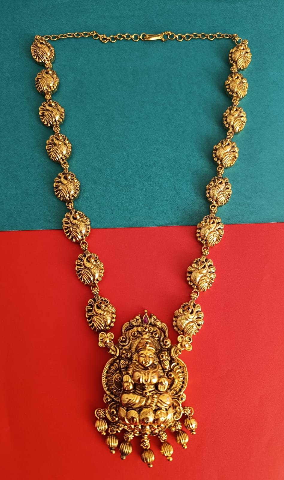 Antique polish big laxmi pendent with peacocks design and ruby stones haram