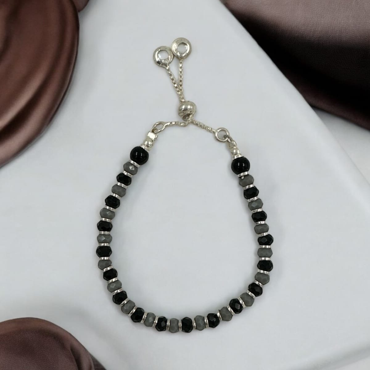 Baby Anklet – Black & Grey Beads with Silver Balls Hangings