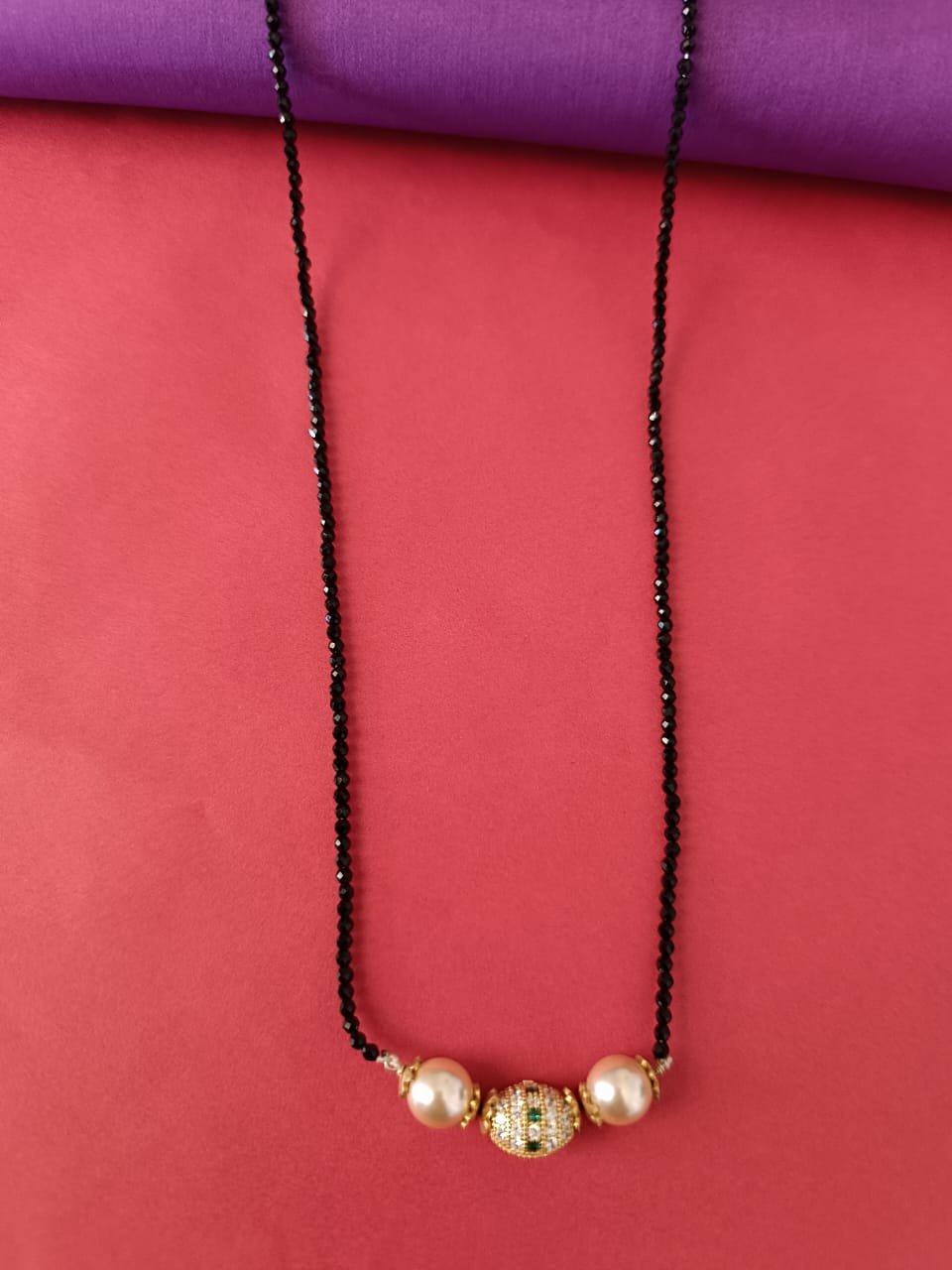 Black beads chain single line and Swarovski pearls  and gold ball