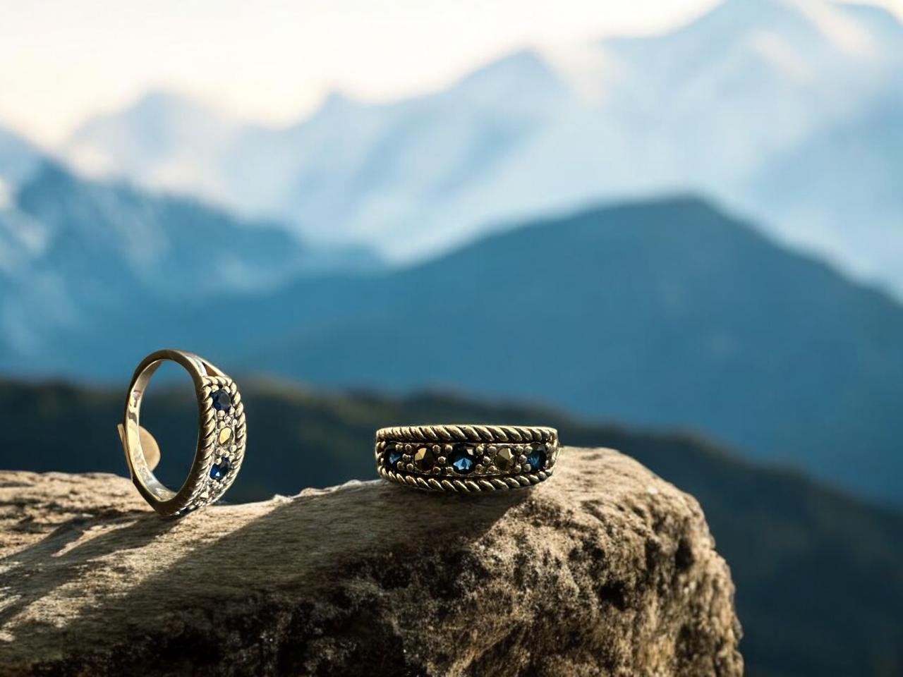 Blue & Marker Stones Silver Polish Ladies Ring