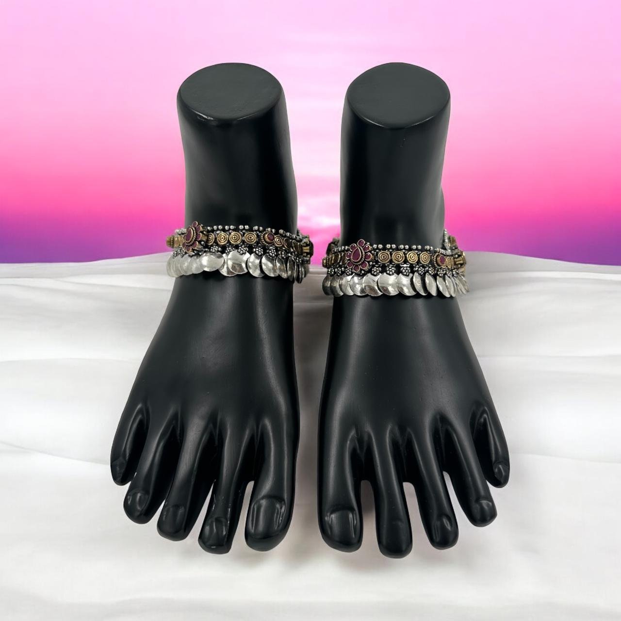 Bridal Braided Anklet – Ruby Stones, Kasulu & Antique Gold Polish