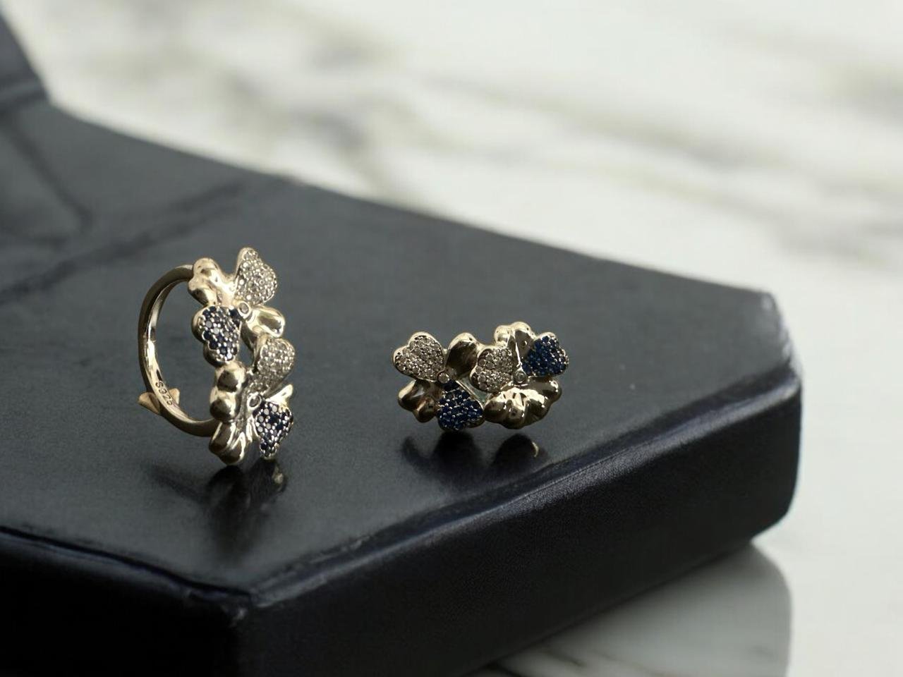 CZ & Blue Stones Flower Design Ladies Ring