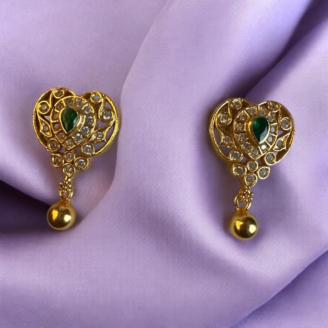 CZ & Green Stone Gold Ball Hanging Studs