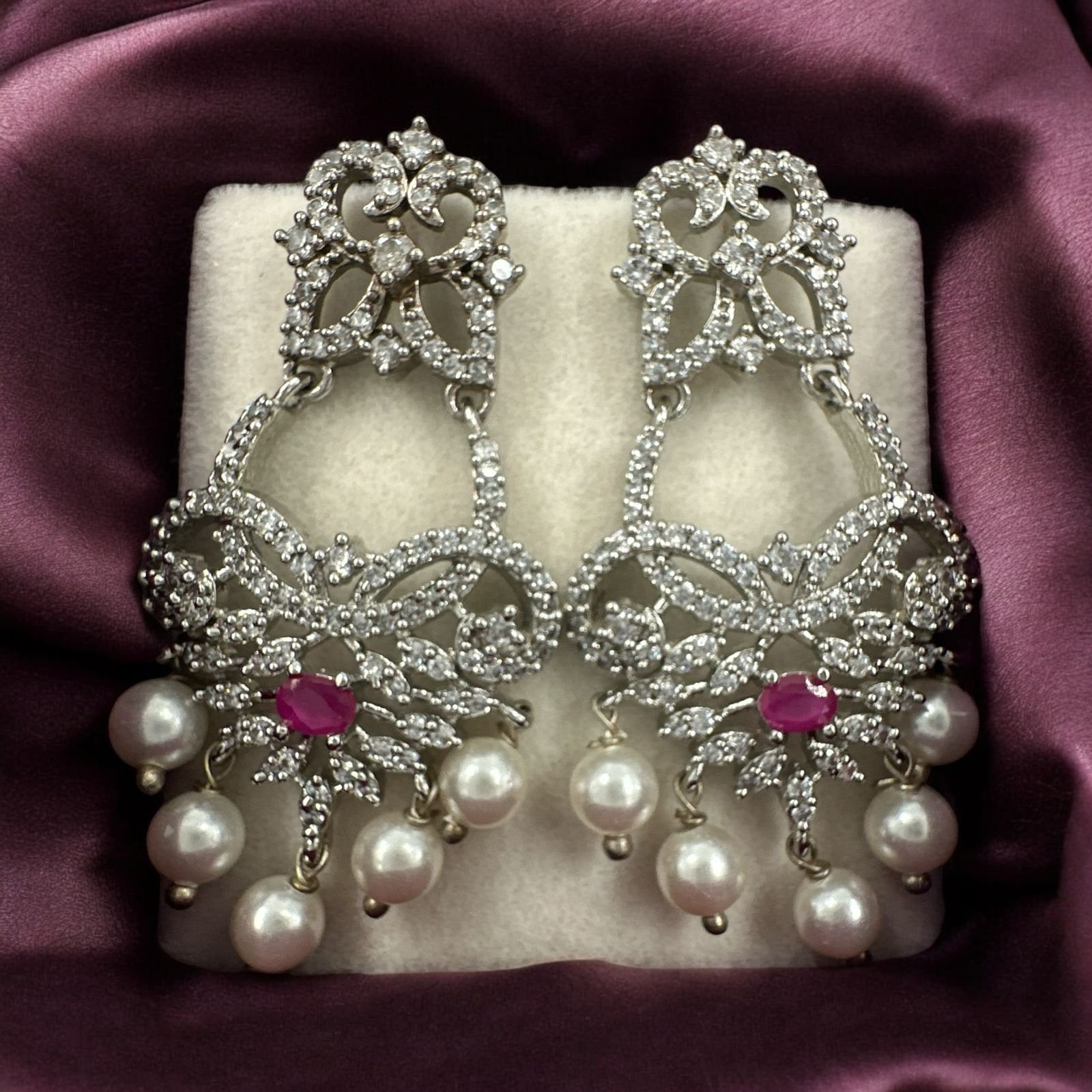 CZ & Red Stone Pearl Hangings Ear Rings