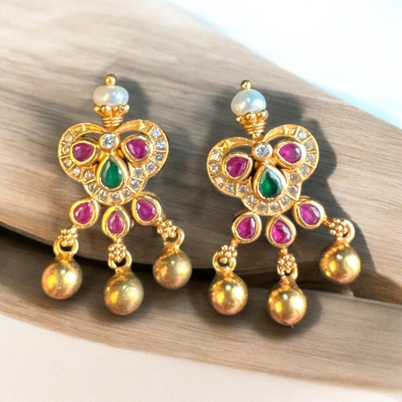 CZ, Ruby & Green Kundan Gold Ball Hanging Studs