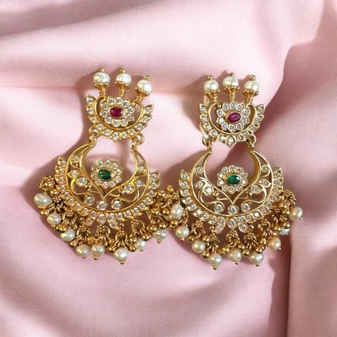 CZ, Ruby & Green Stone Chandh Bhali Ear Rings