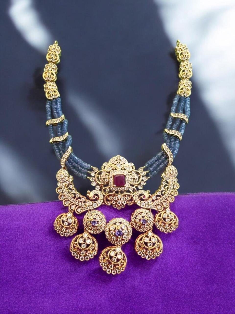 CZ, Ruby & Purple Beads Gold Polish Necklace