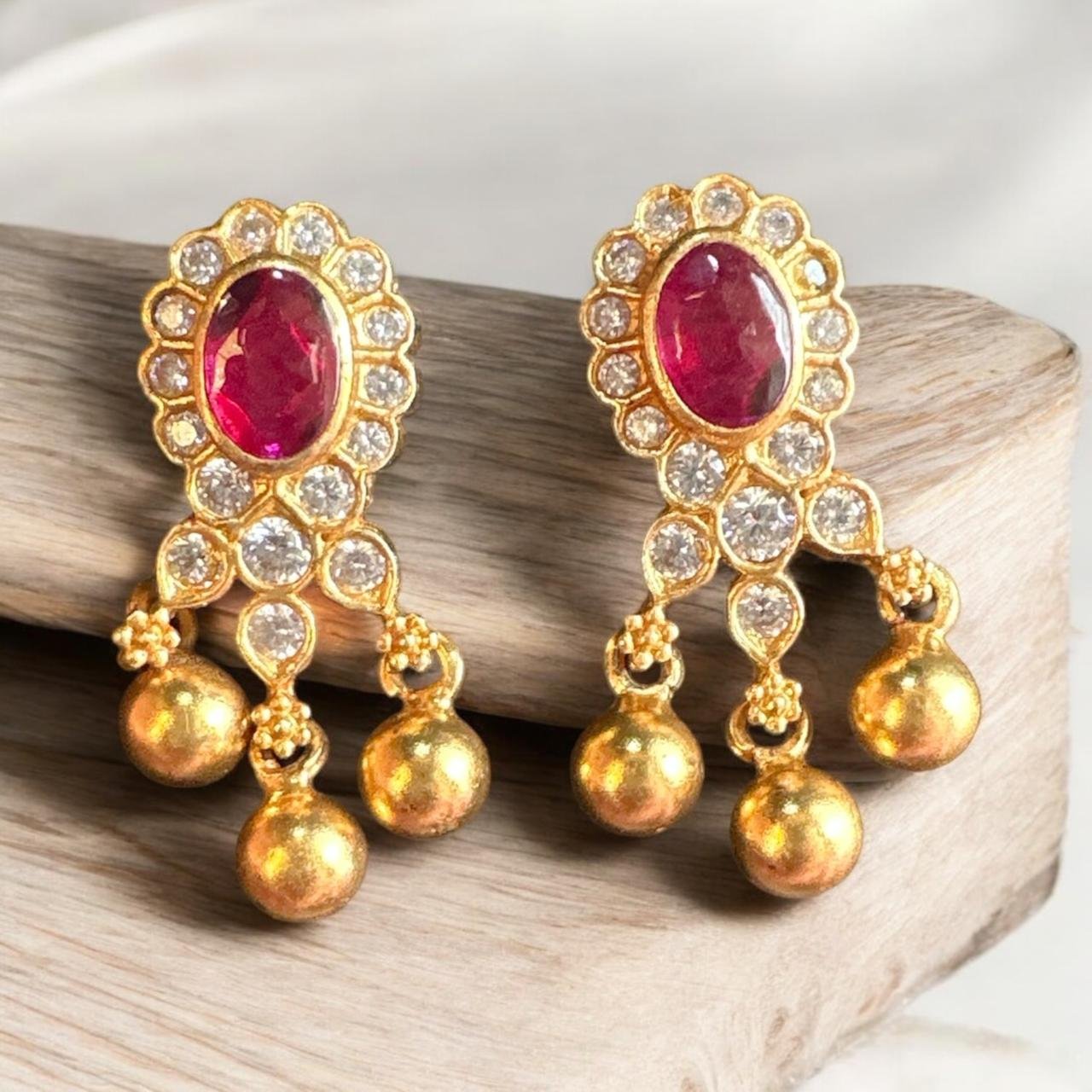 CZ & Ruby Stone Gold Ball Hanging Earrings