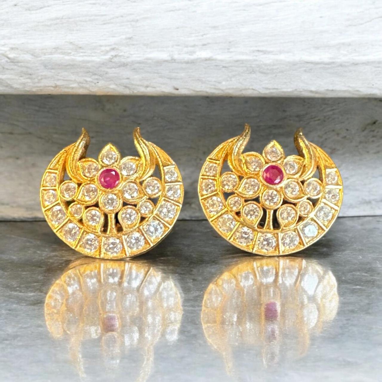 CZ & Ruby Stone Moon-Shaped Gold Studs
