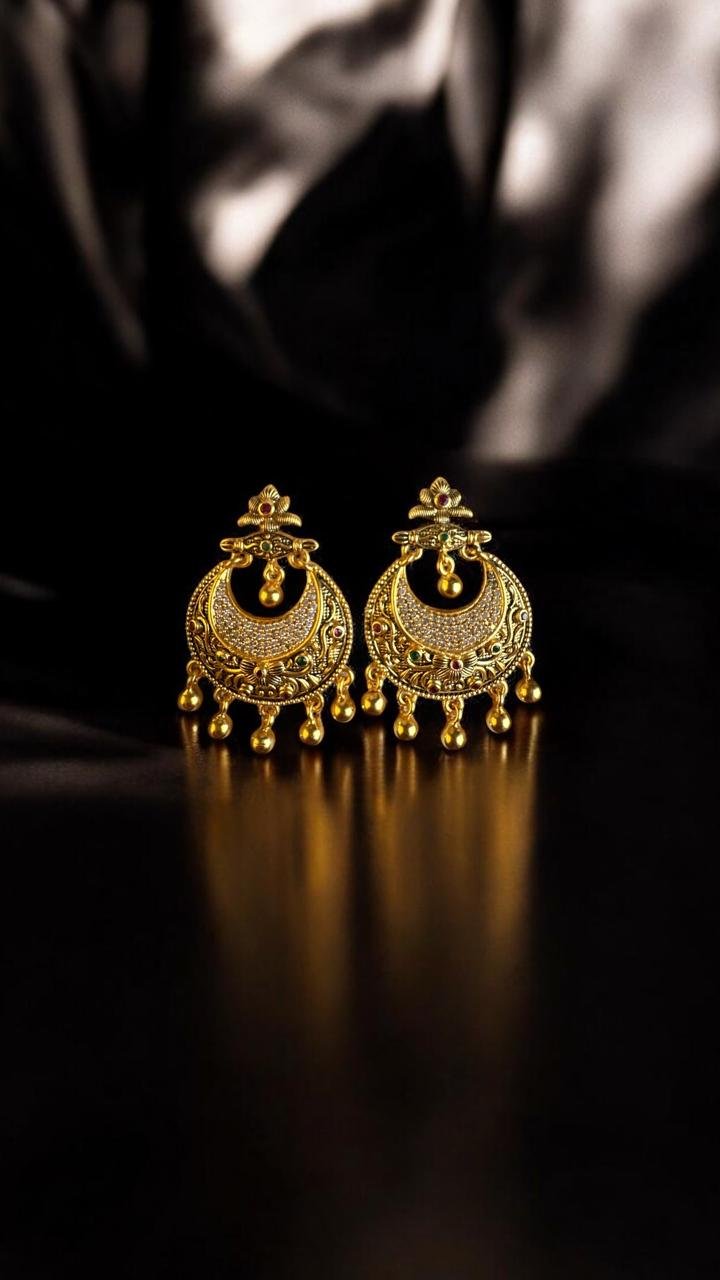 CZ White, Green & Ruby Gold-Polish Chandbali Earrings