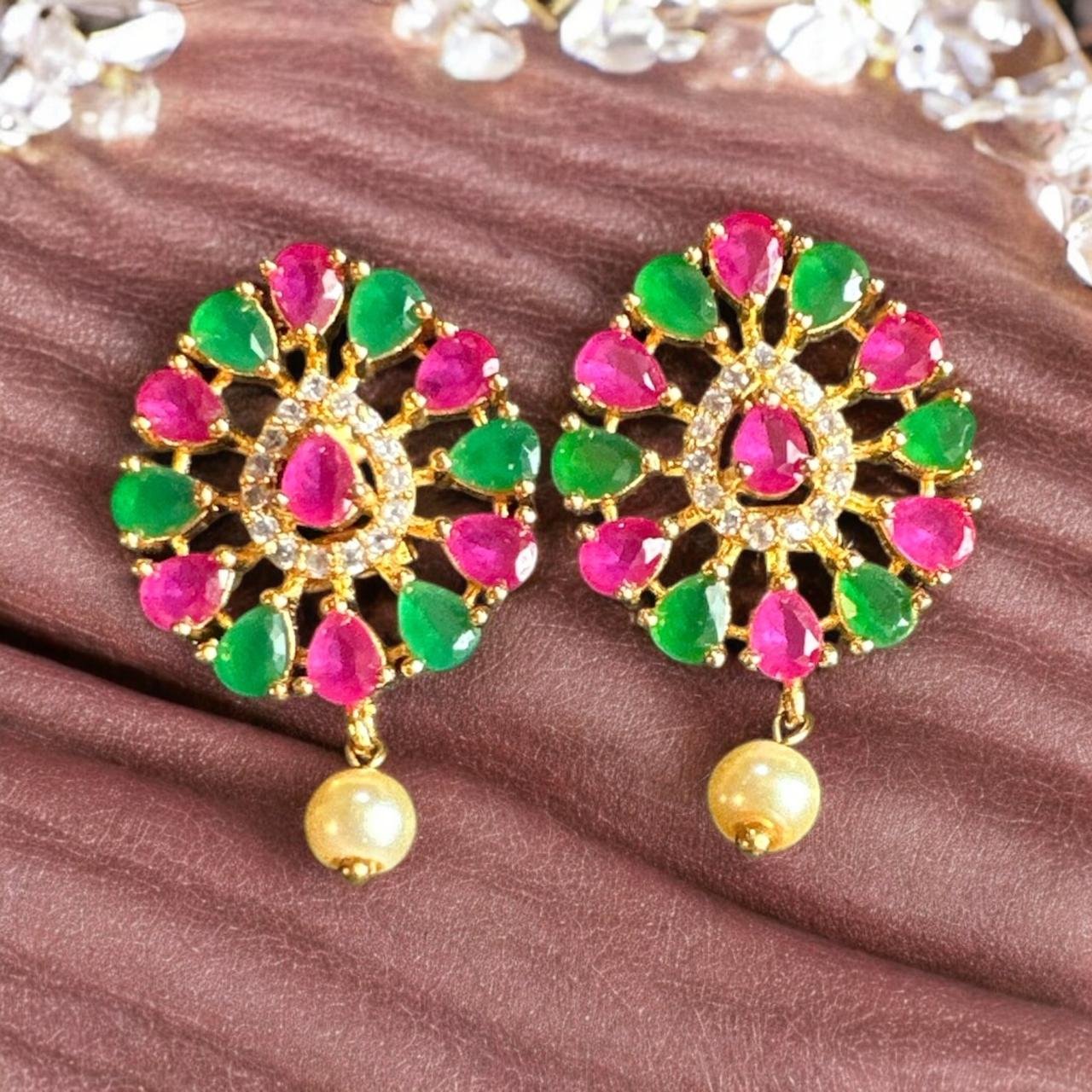 Emerald with ruby stone earrings with pearl drop