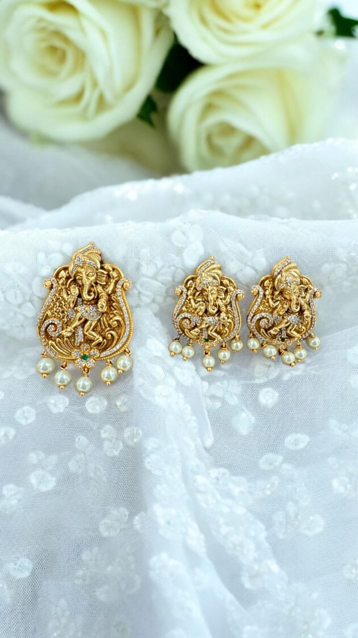 Ganesh model  with cz stones gold polish pendent with ear rings set