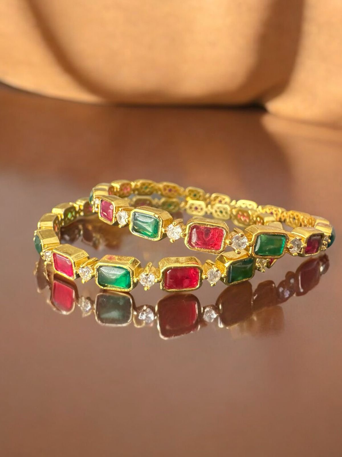 Green & Red Stone Gold Polish Bangle