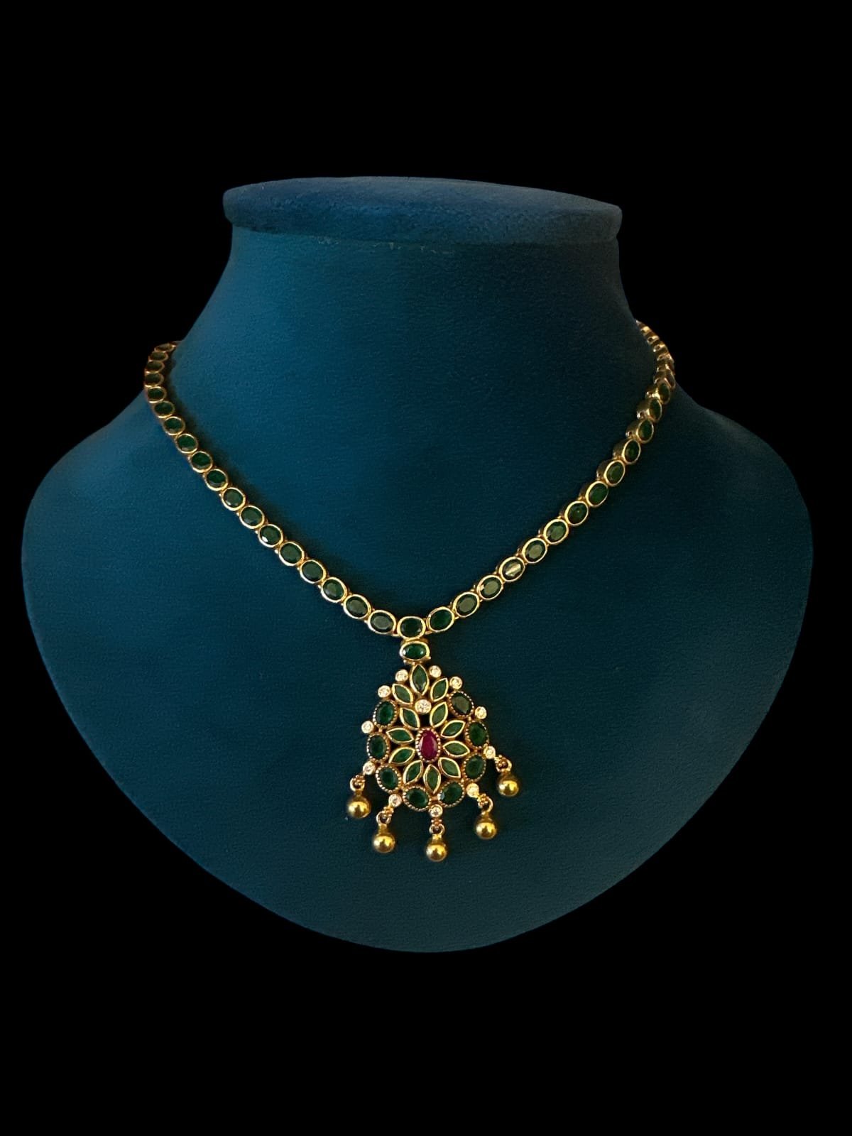 Green, Ruby & CZ Gold Bolls Necklace