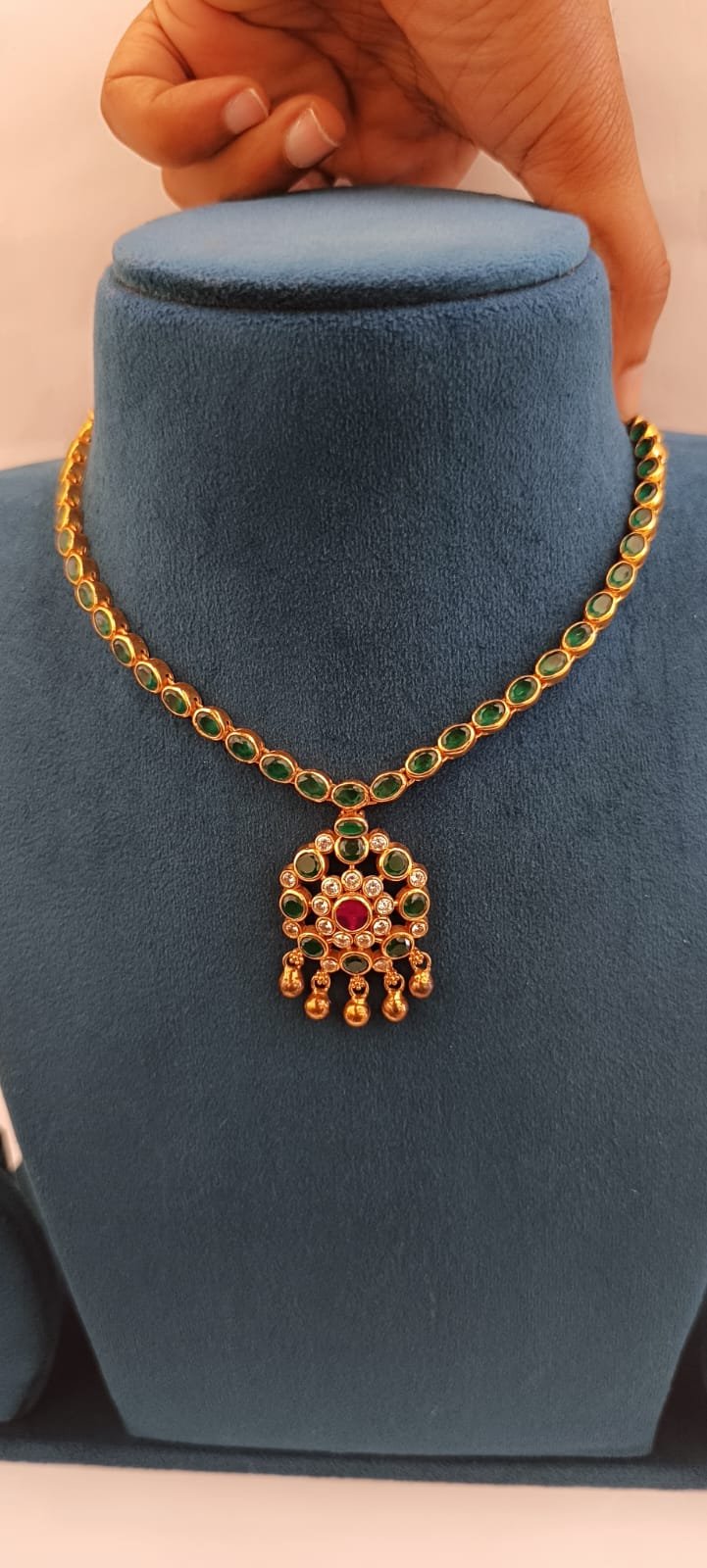 Green, Ruby & CZ Gold Bolls Necklace