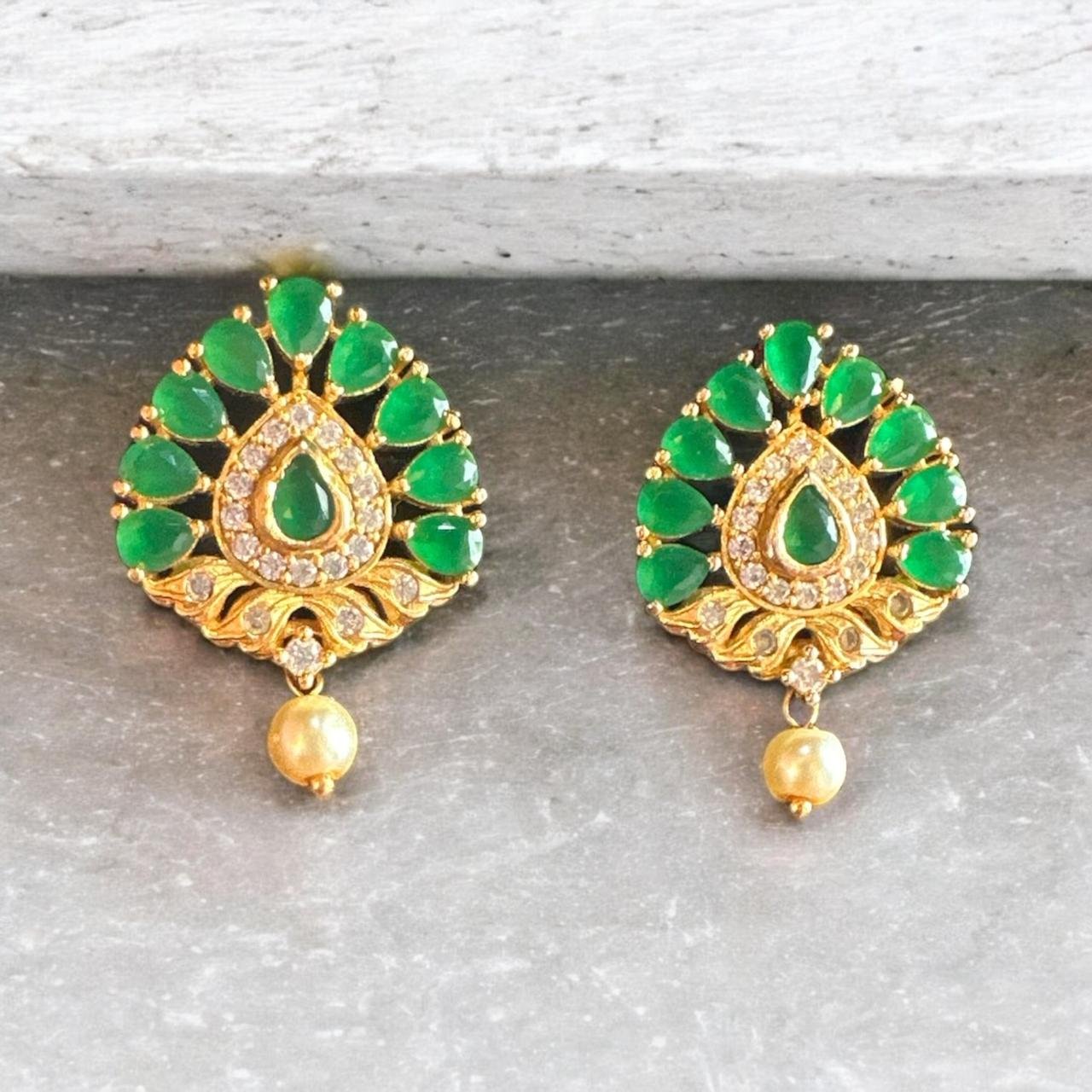 Green & White CZ Gold Studs