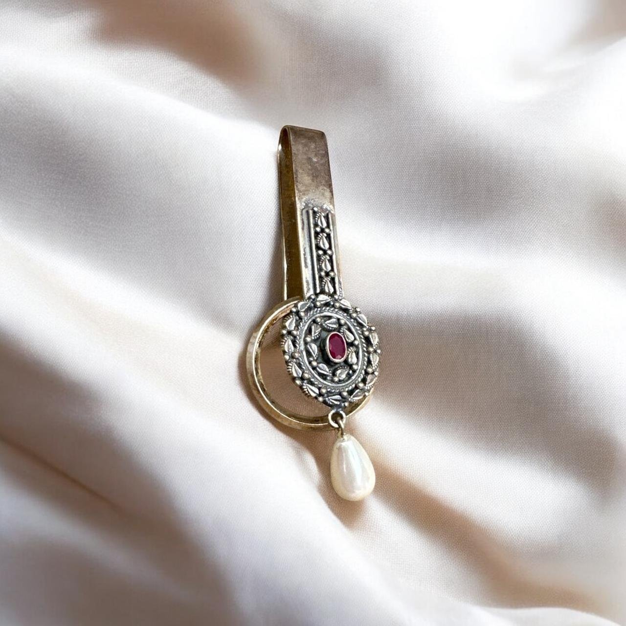 Key chain with ruby stone with antique polish and pearl hang