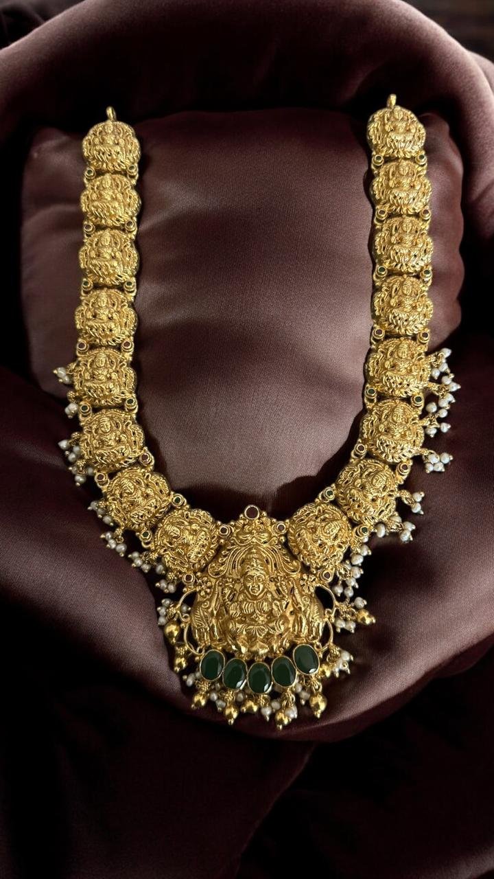 Laxmi devi  design red and green stones temple design with  gold  polish haram