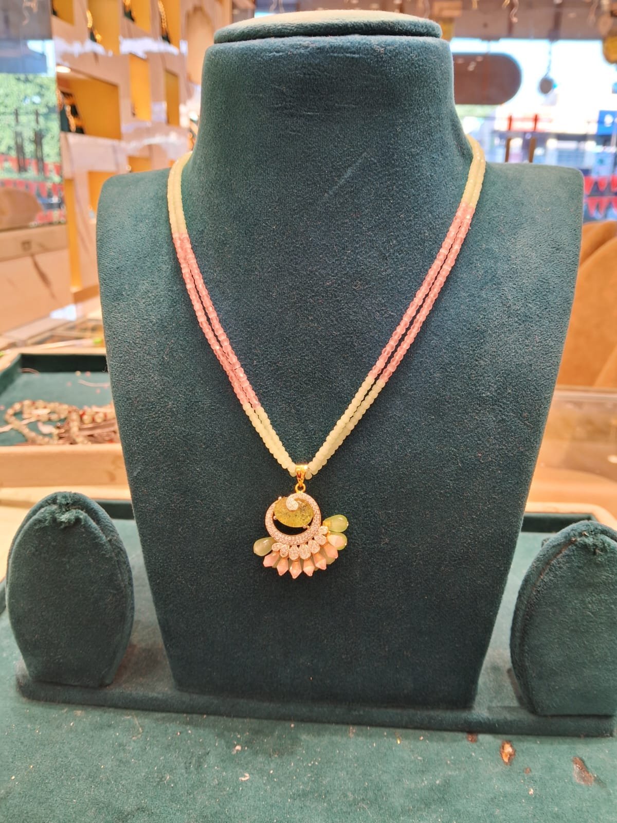 Light Pink & Green Hydrogen Beads 2 Line Chain with CZ Pendant