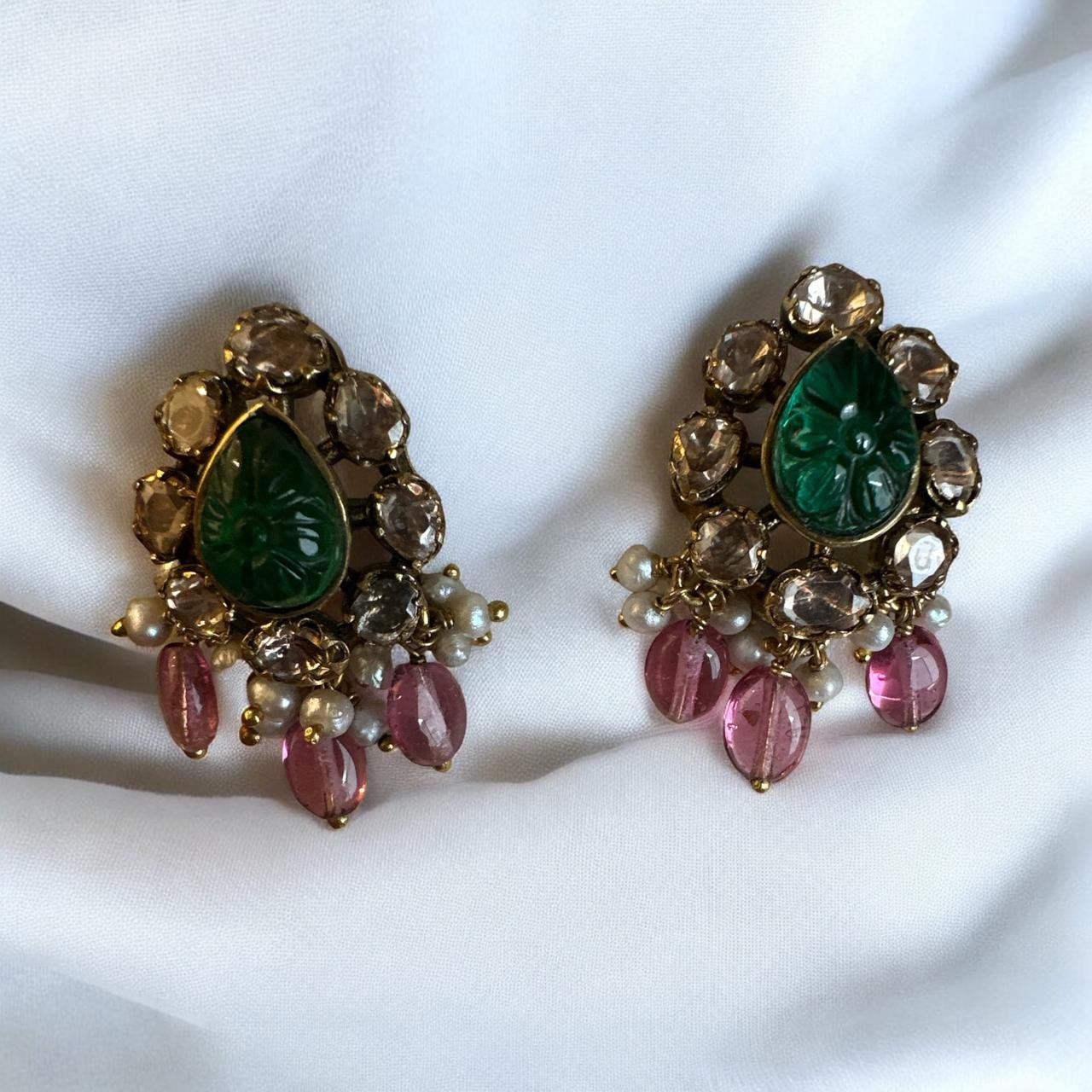 Moissanite & Green Stone Studs with Pearl Hangings
