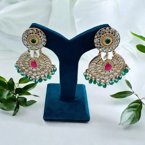 Mozanite & Red-Green Stone Chandh Bhali Ear Rings