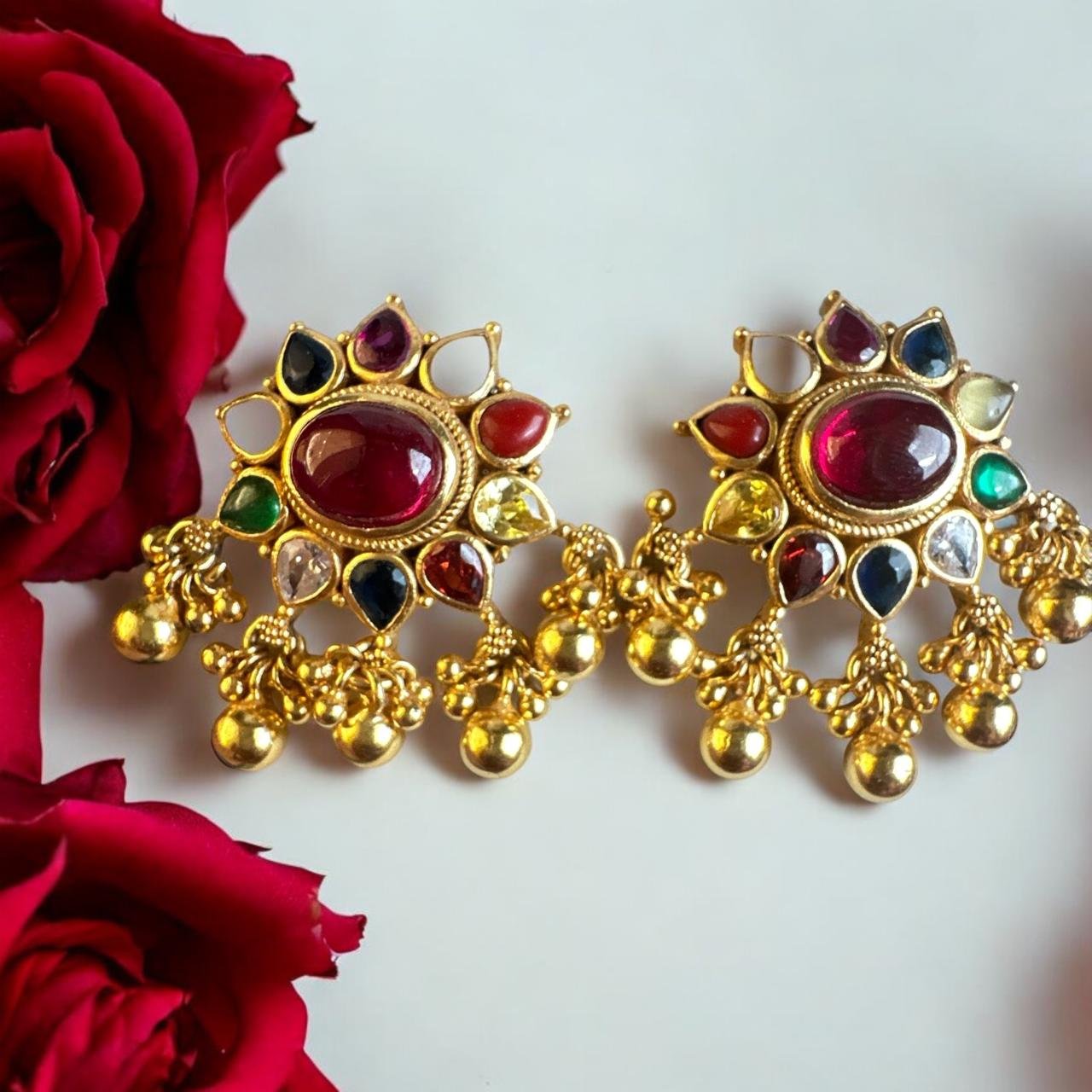Navaratna Gold Ball Hanging Studs