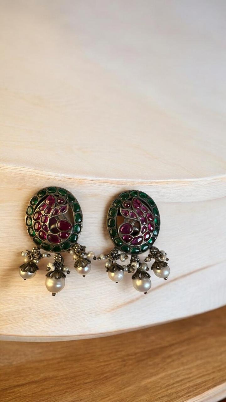 Oxidized Red & Green Pota Stone Studs with Water Pearl Hangings