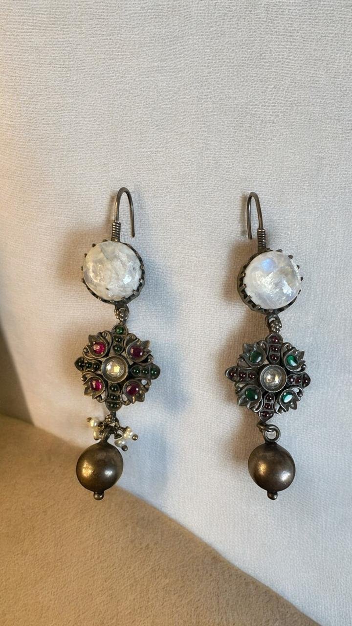 Oxidized Ruby & Pearl Hangings Hook Model Earrings