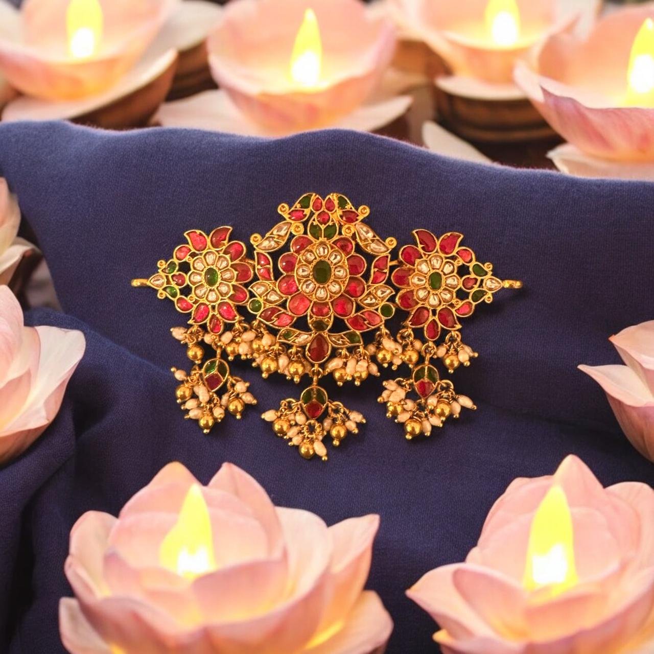 Pink and green and white stones with gold polish pota stones choker