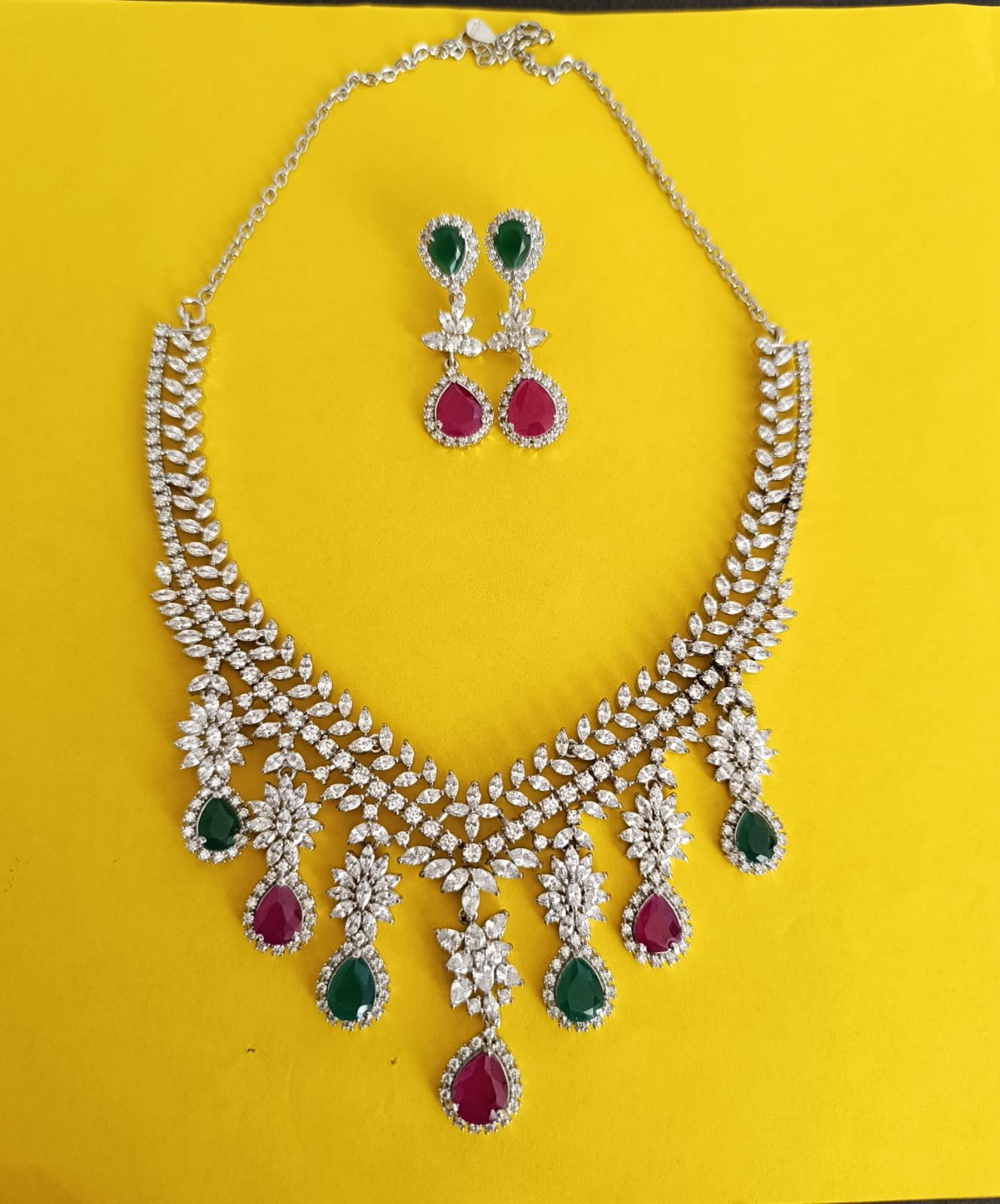 Premium CZ Necklace with Green & Pink Hangings