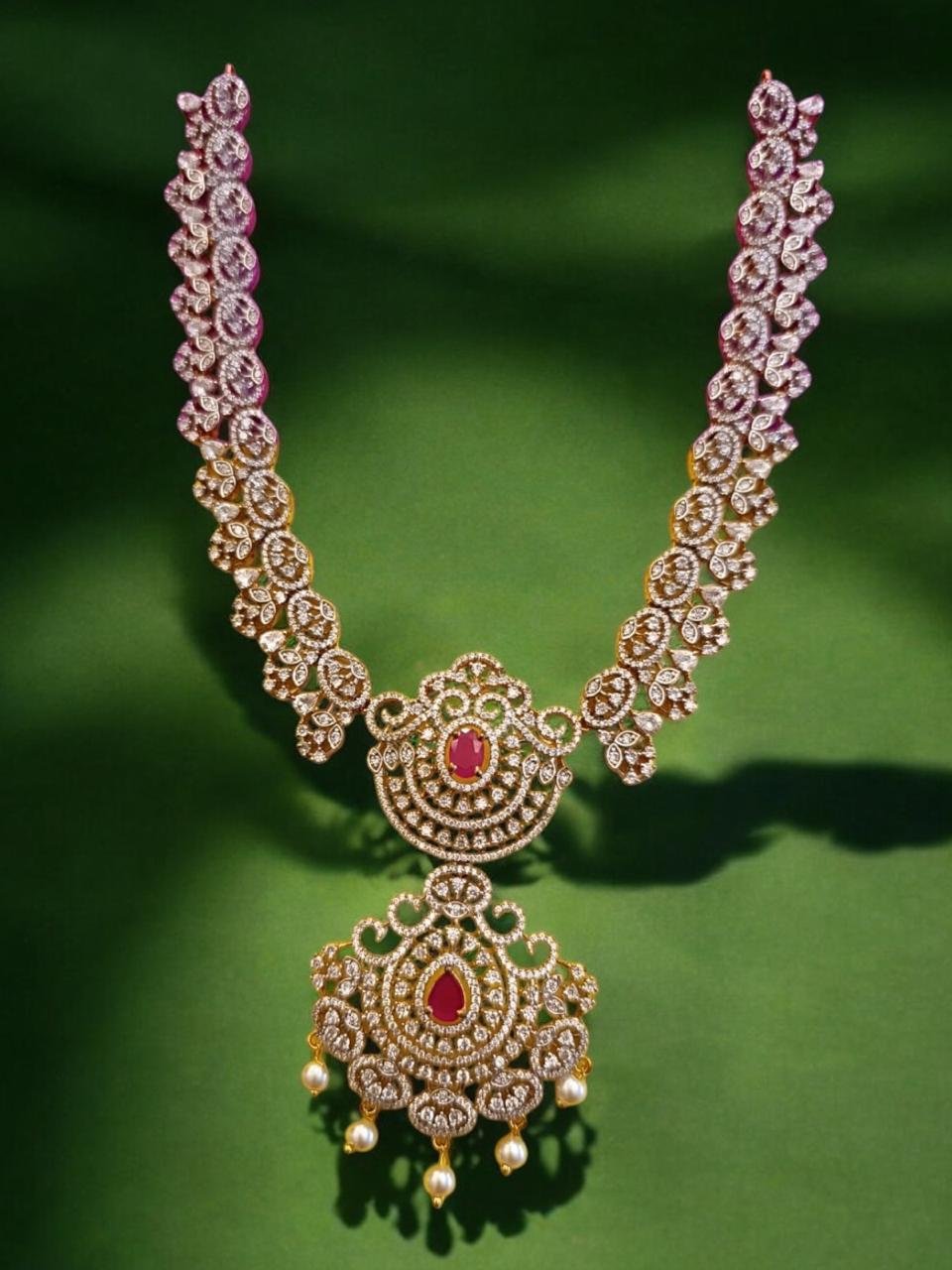 Premium CZ & Pink Stones Gold Polish Swarovski Pearl Necklace