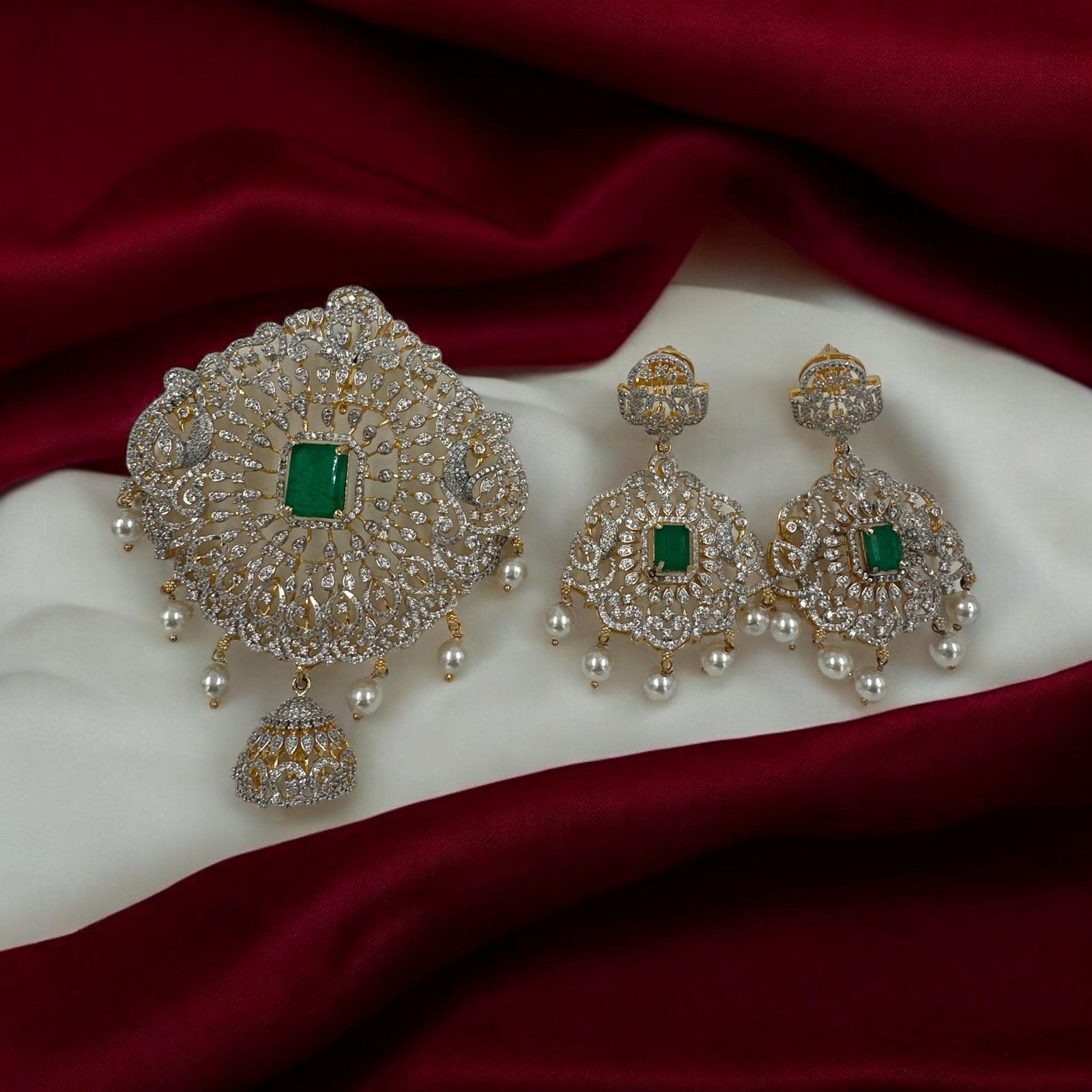 Premium  cz stones and green stone  with gold polish pendent set