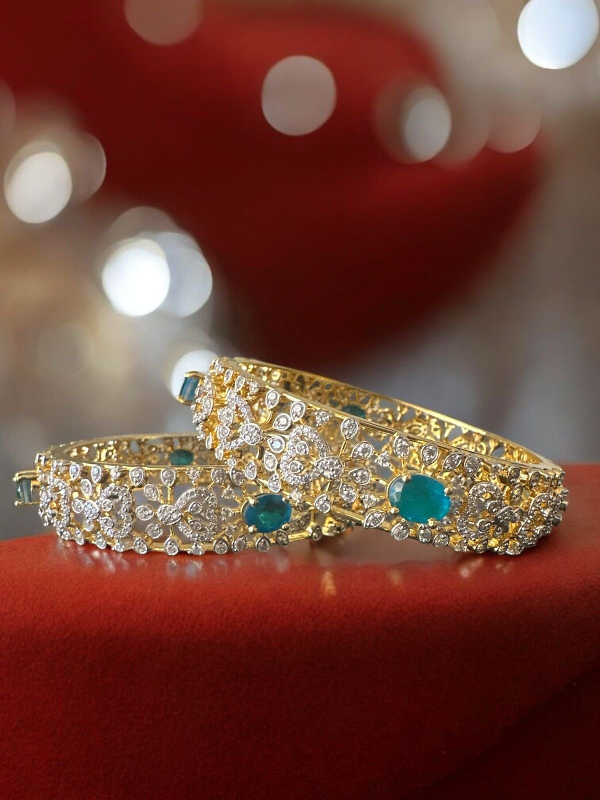 Premium cz stones and green stones with gold polish bangle