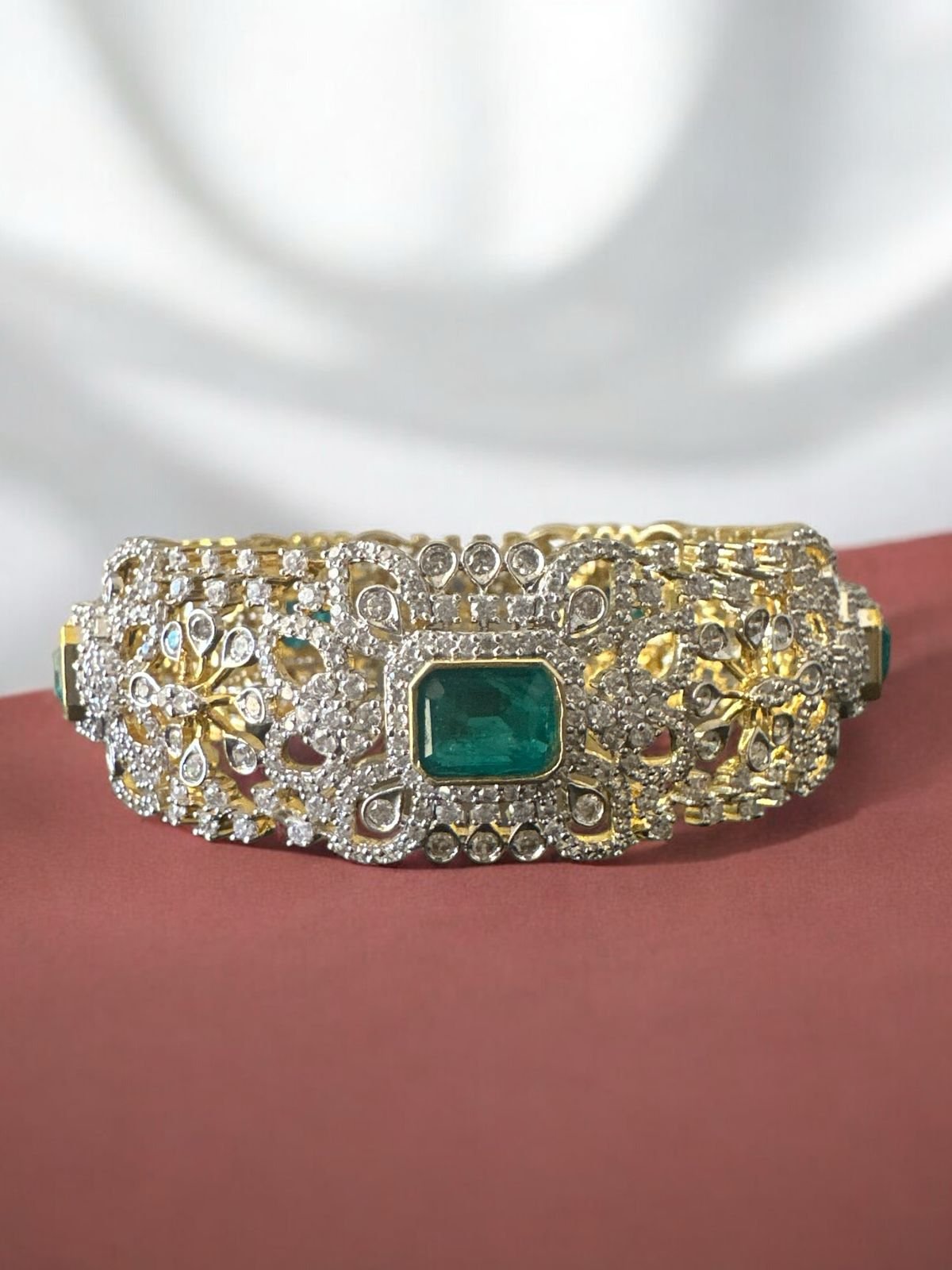 Premium cz stones and green stones with gold polish single bangle