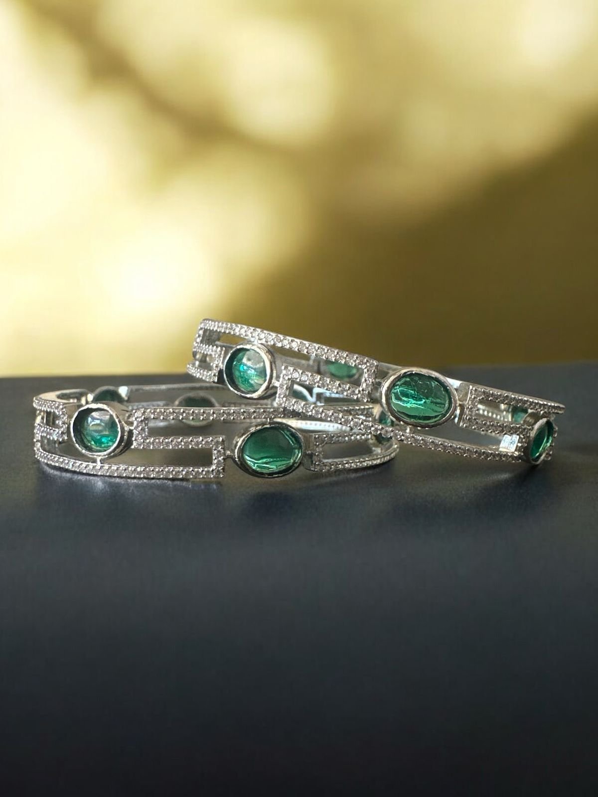 Premium cz stones and green stones with silver polish bangle