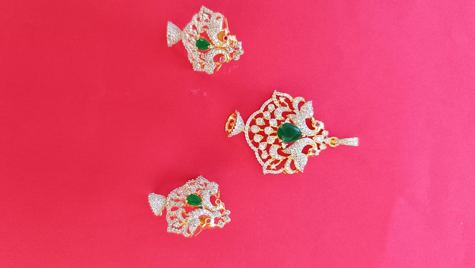 Premium cz stones green and  red stones  Peacock model with gold  polish pendent set