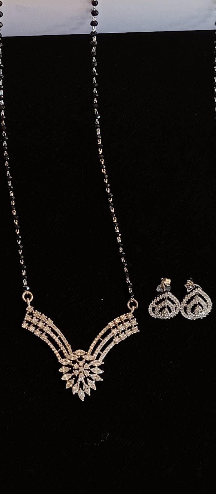 Premium cz stones pendent with  ear rings chain long length silver polish