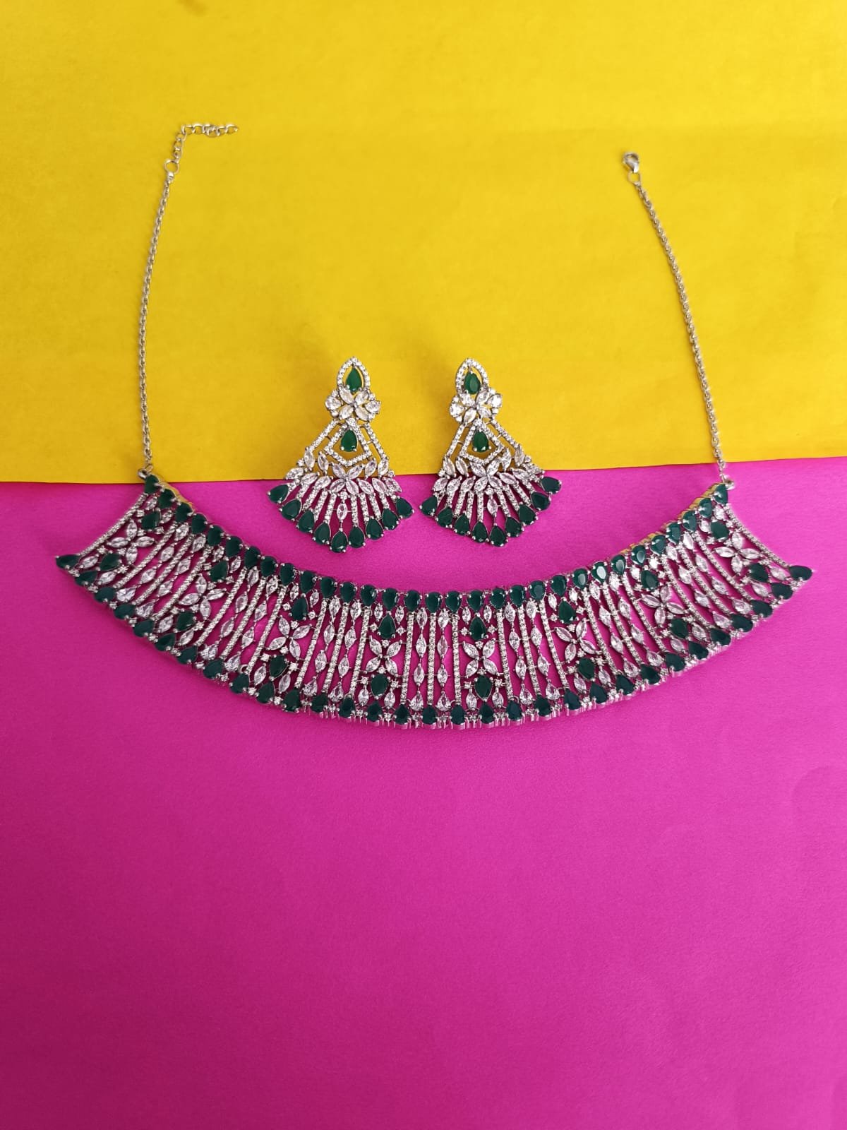 Premium cz stones white and green stones with silver polish with ear rings choker