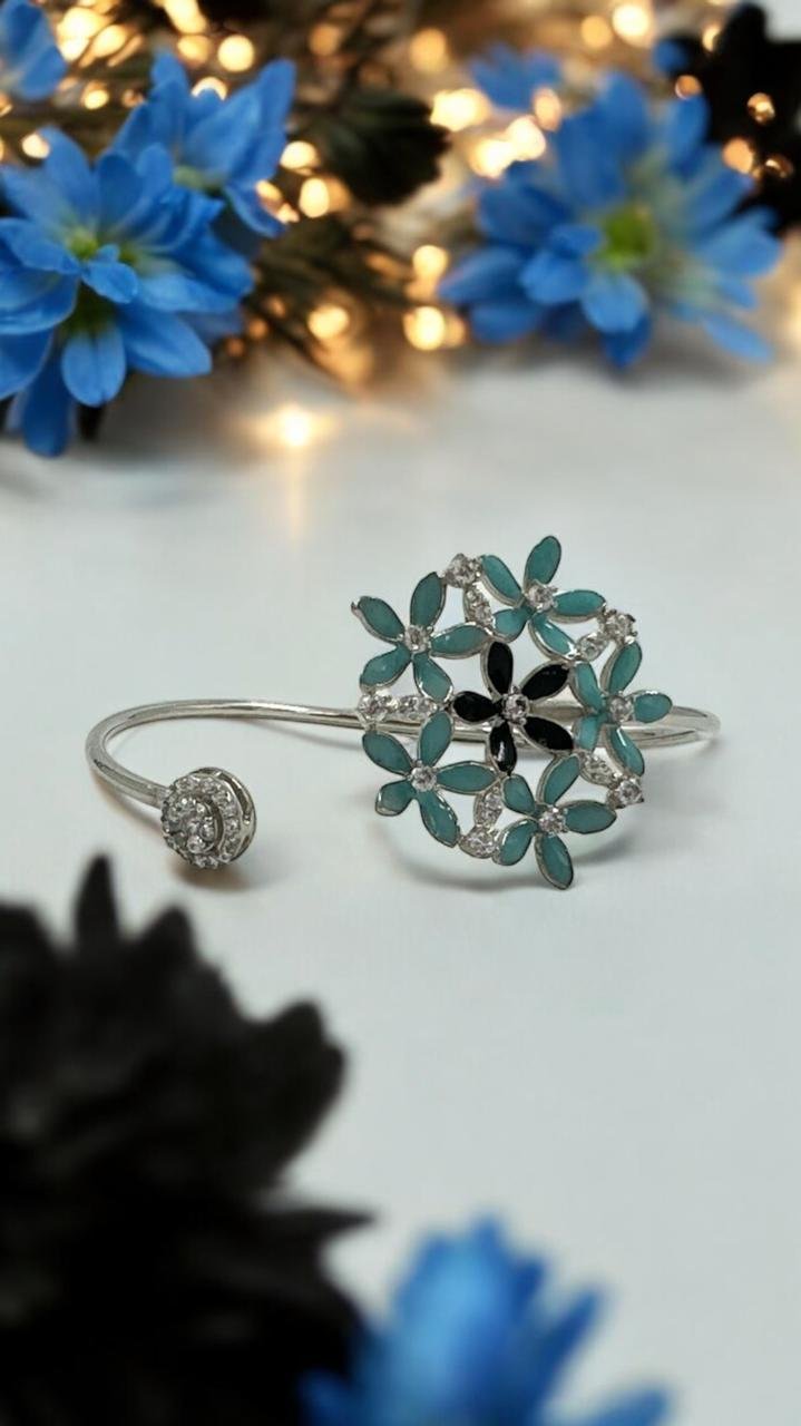 Premium cz stones with flower design and lite green stones with silver polish bangle model