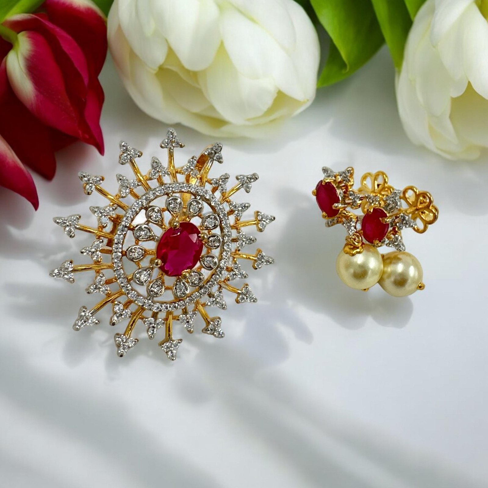 Premium cz stones with gold polish and red  stone pendent set