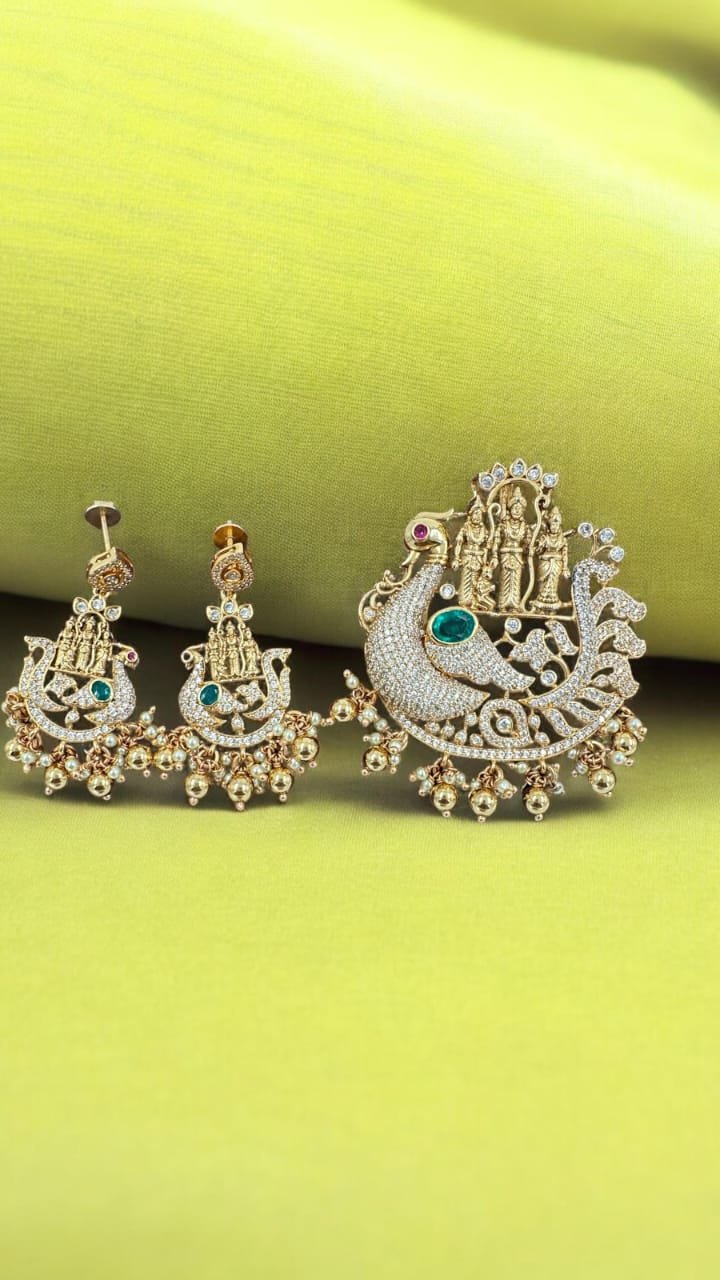 Ram parivar pendent set and premium cz green stone