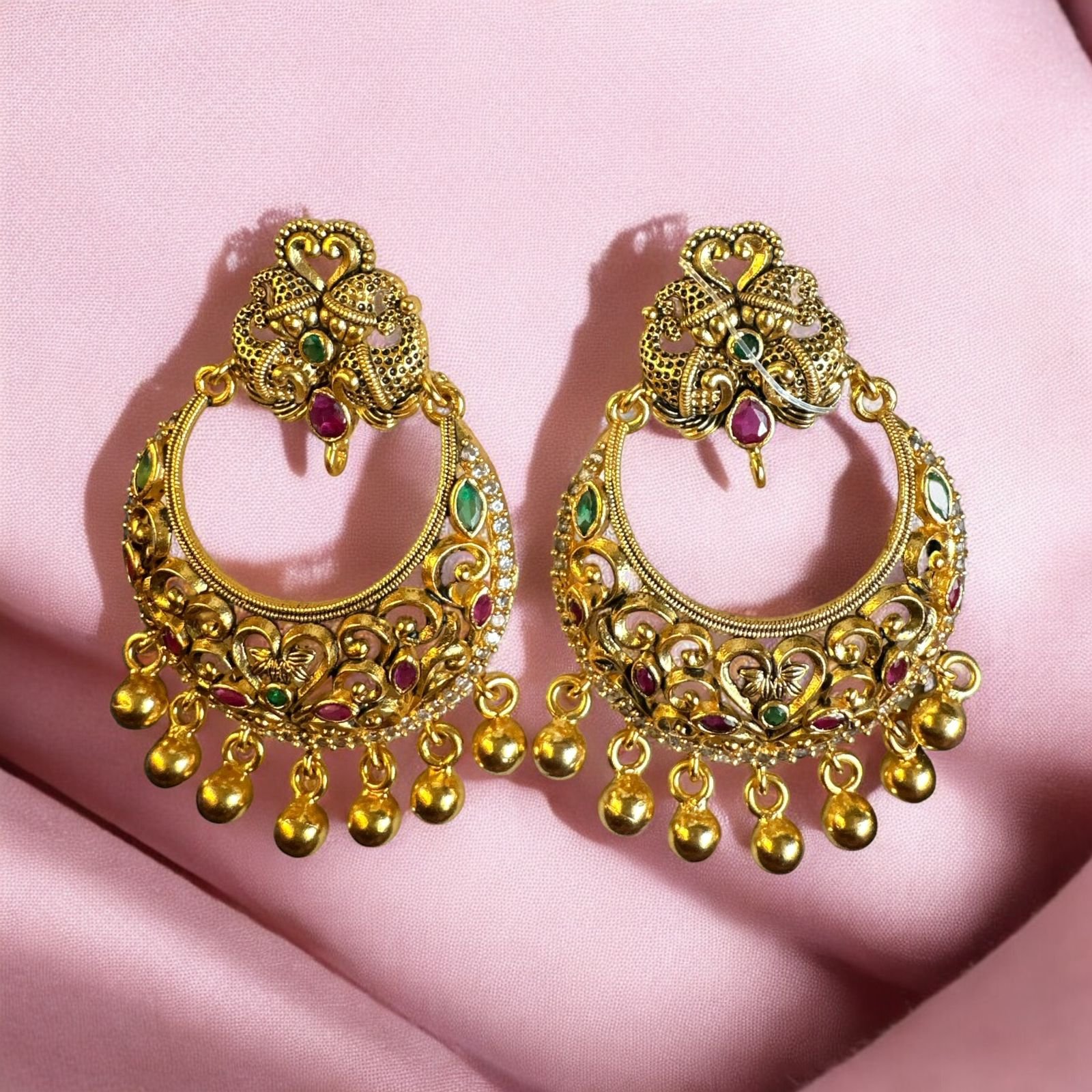 Red & Green Stone Chandh Bhali Ear Rings