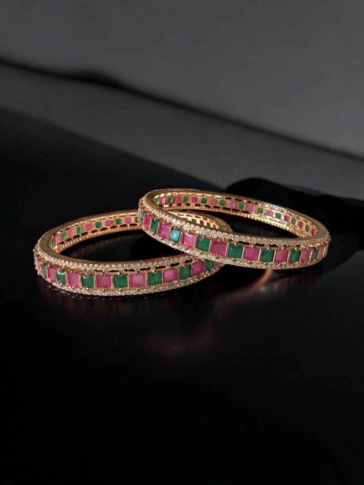 Rose gold polish premium cz stones red and green stones bangle