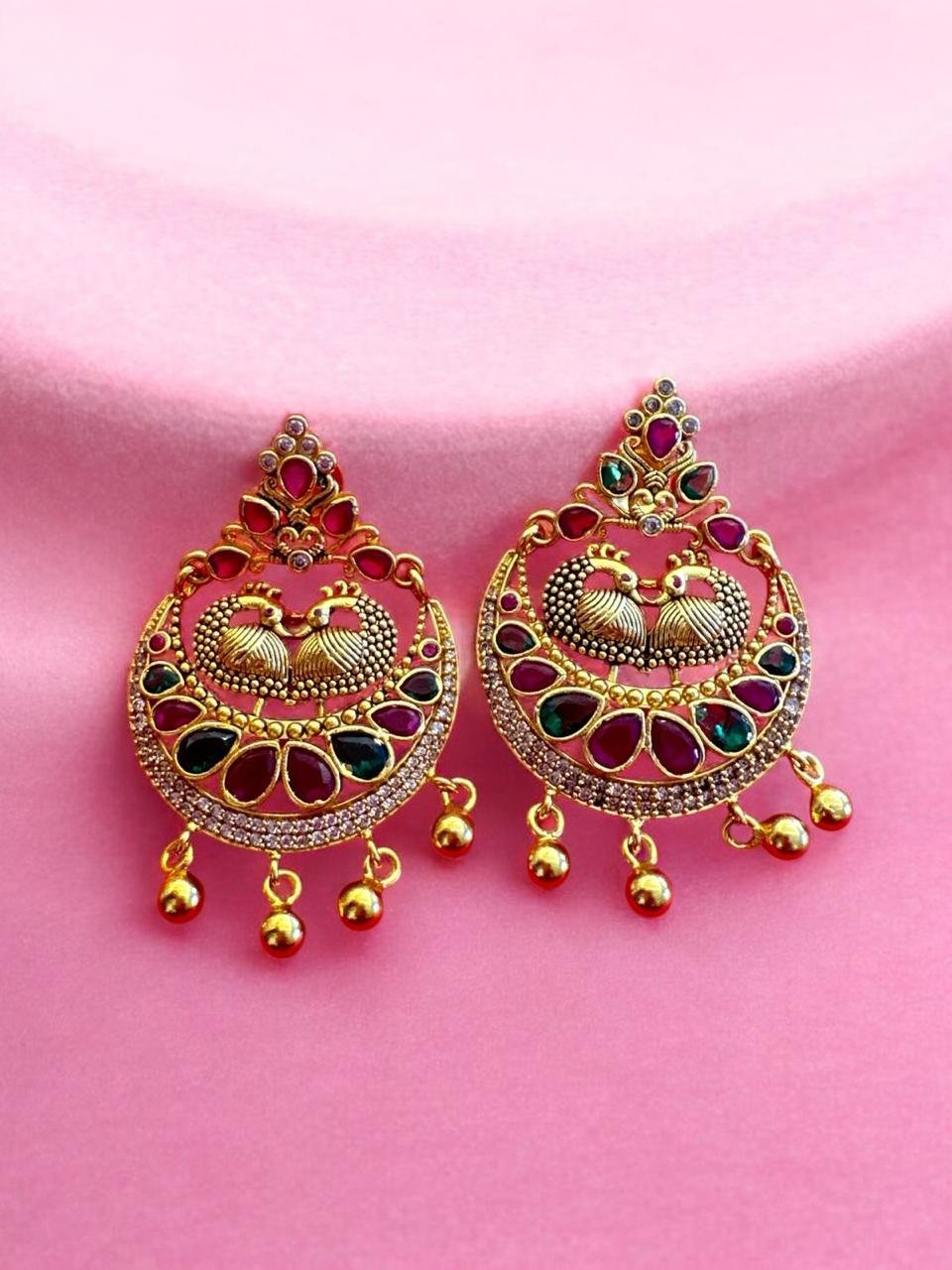 Ruby & Green Kundan Peacock Chandh Bhali Ear Rings