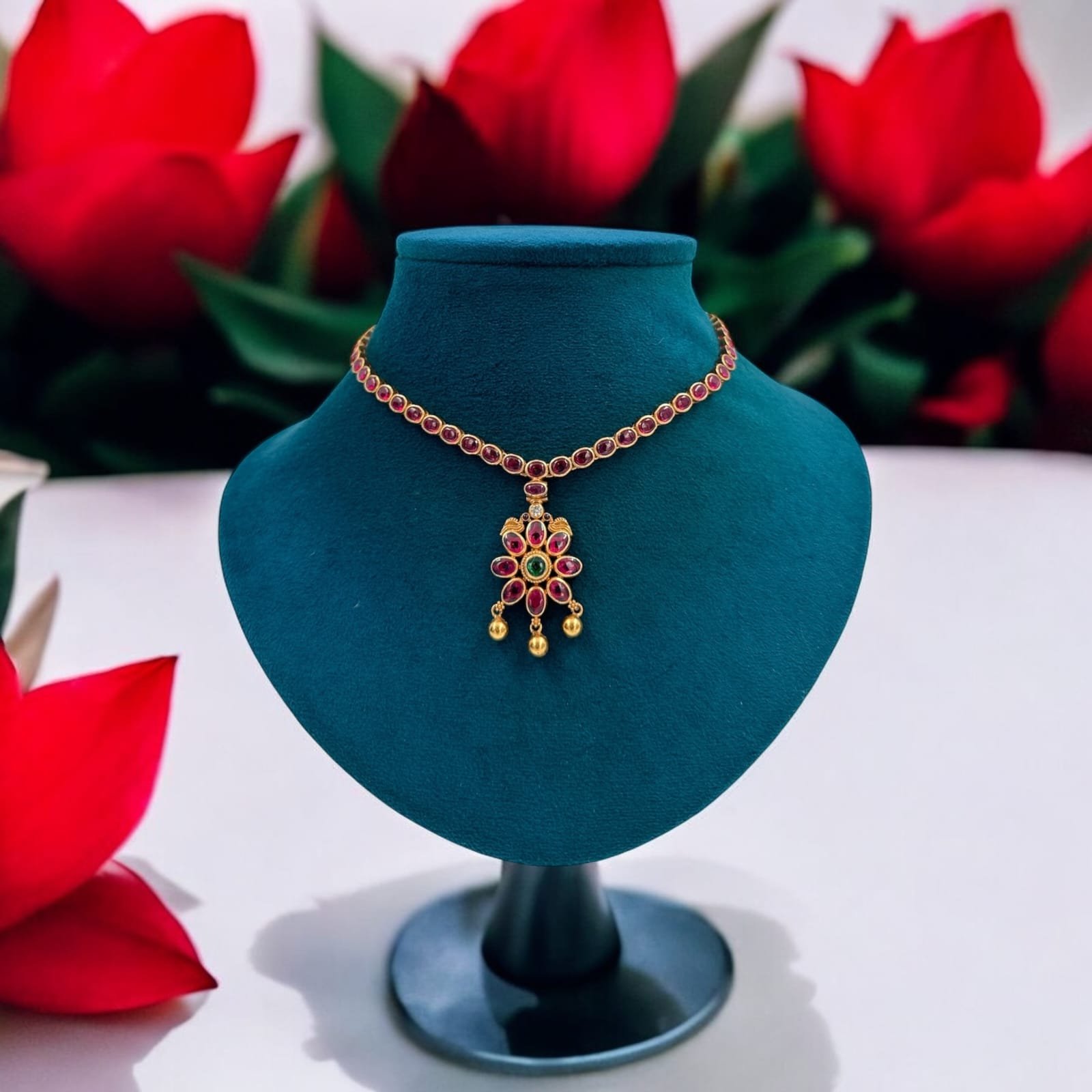 Ruby & Green Stone Gold Bolls Necklace